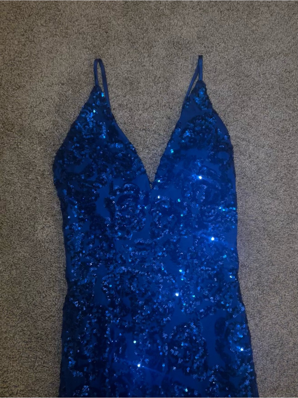 Von Maur Royal Blue prom dress with built-in bra, leg slit, and cross back - Picture 2 of 6